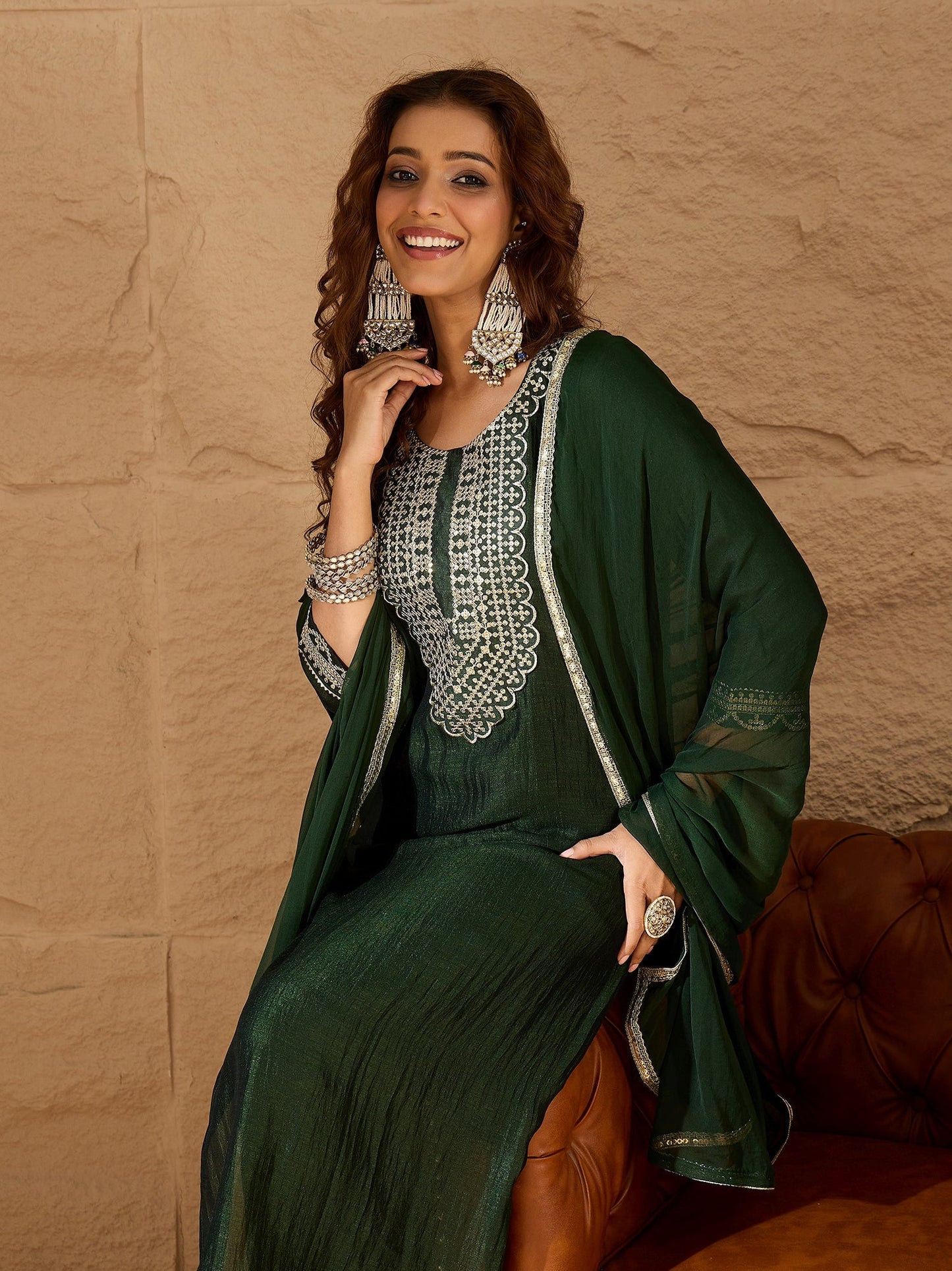 Green Silk Blend Yoke Design Kurta and Trousers Pant Set - FitVibe Fashion