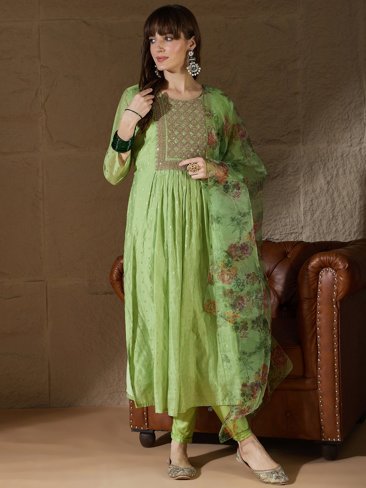 Neelangi Mehndi Women Kurta and Leggings Duppata Set Chanderi Modal Butti - FitVibe Fashion