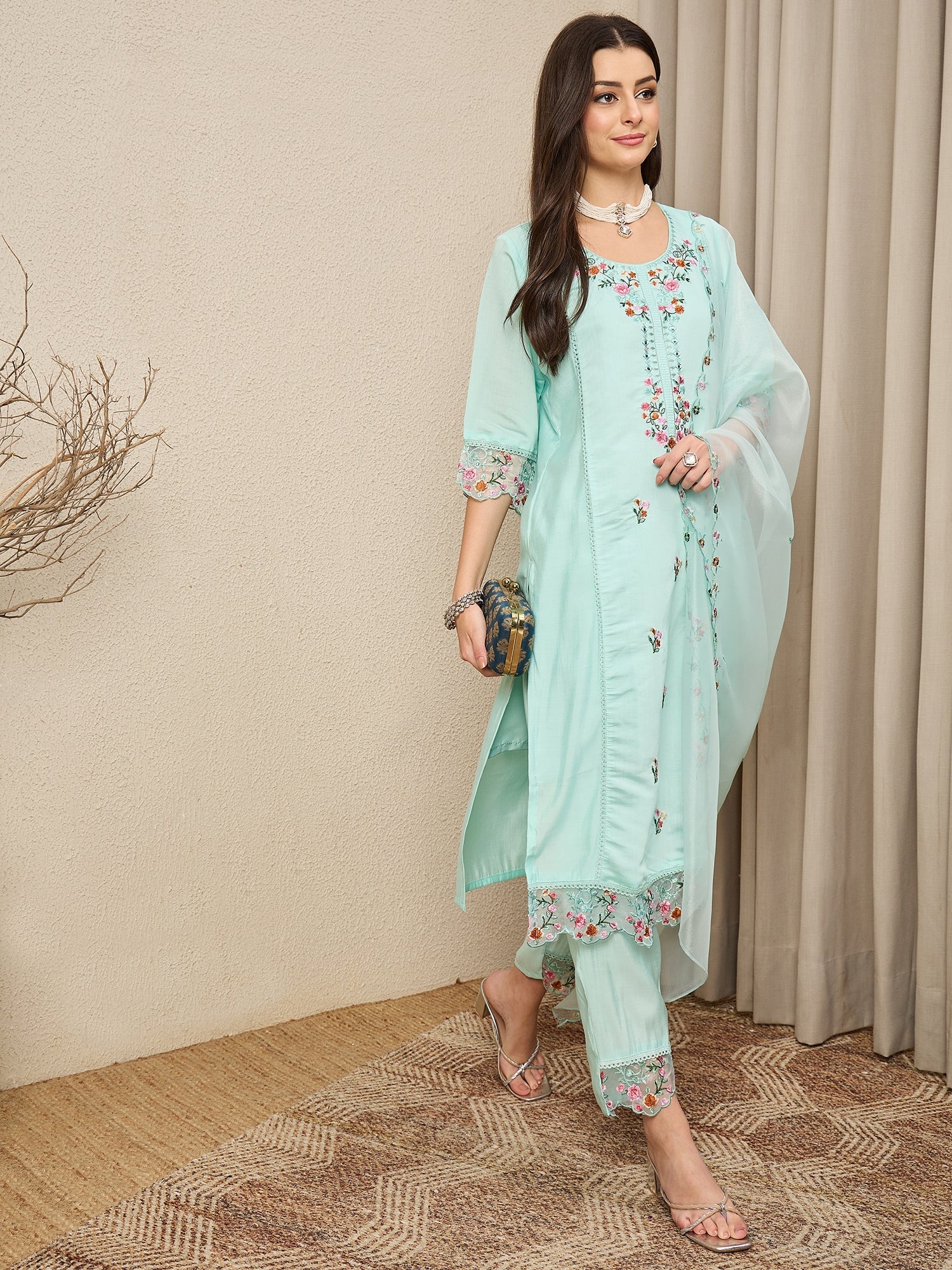 Rajvadi Sea-green Women Silk Blend Kurta and Trousers Pant Set - FitVibe Fashion