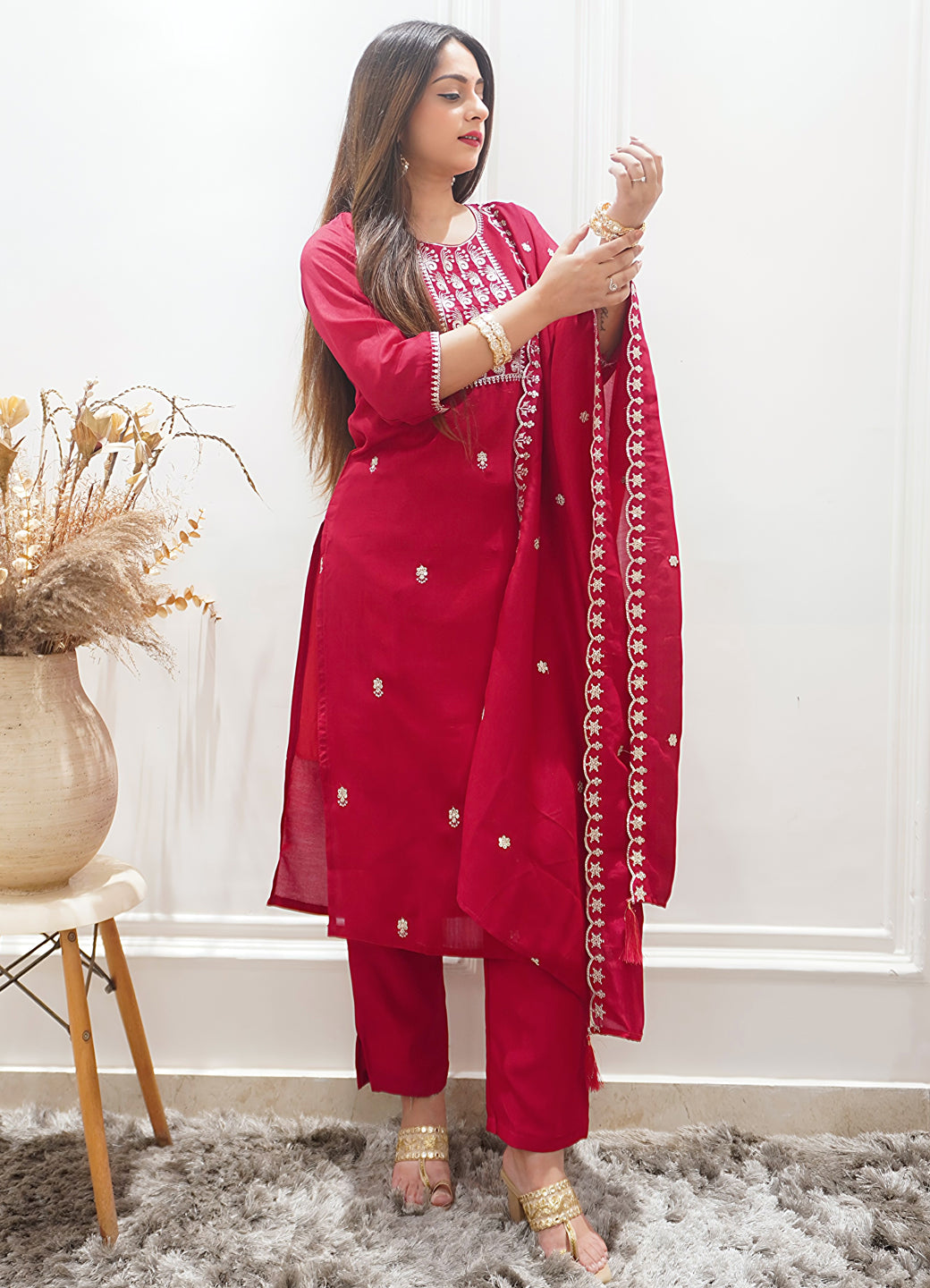 Zariyaa Silk Blend Embroidered Anarkali Kurta Pant Set with Dupatta Party Wear Ethnic Suit for Women - FitVibe Fashion