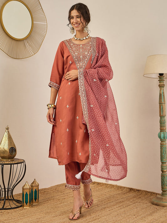 Janvi Peach Embroidered Silk Blend Straight Suit With Dupatta - FitVibe Fashion