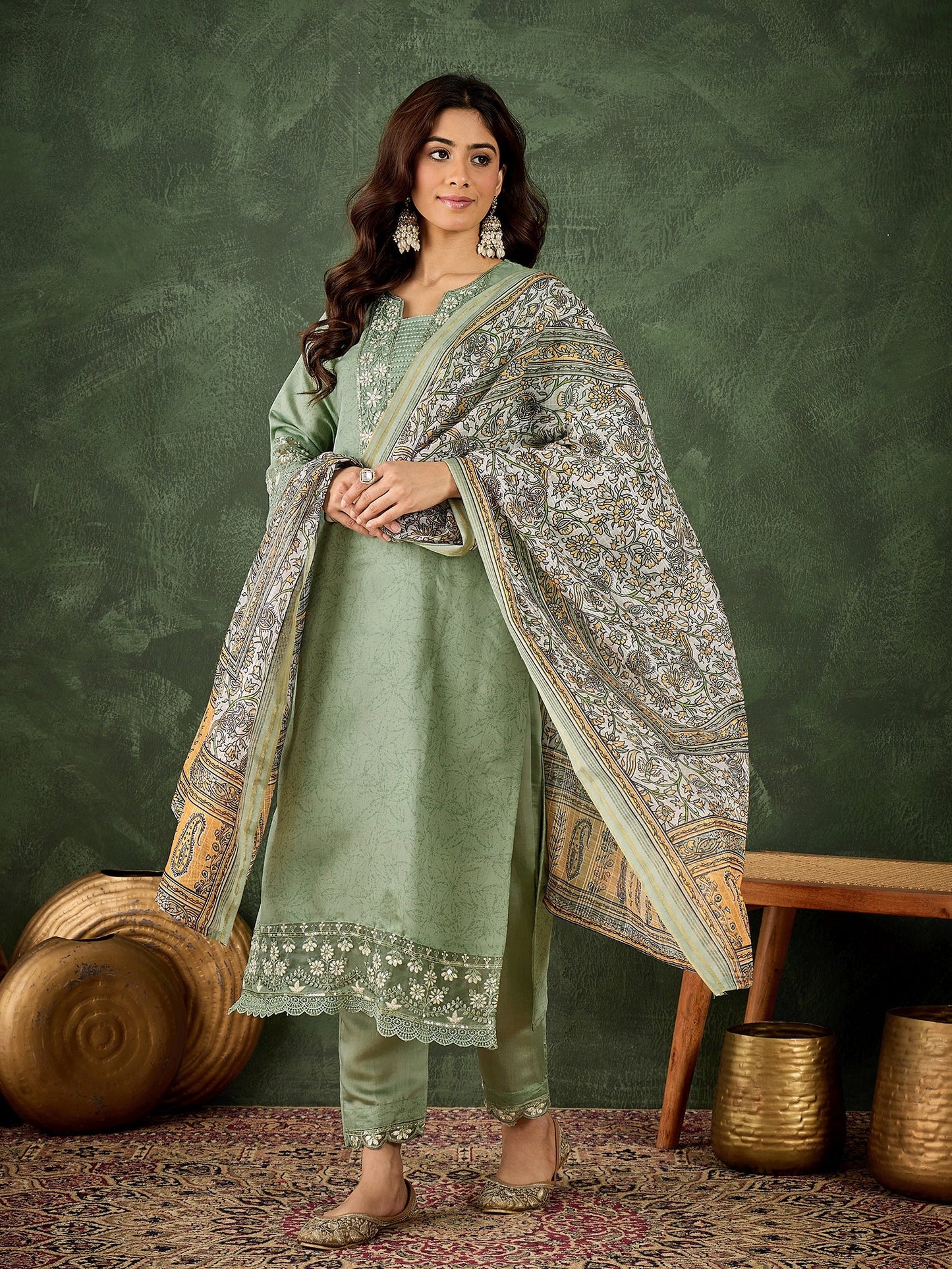 Malika Women Silk Blend Kurta Pant Dupatta Set - FitVibe Fashion