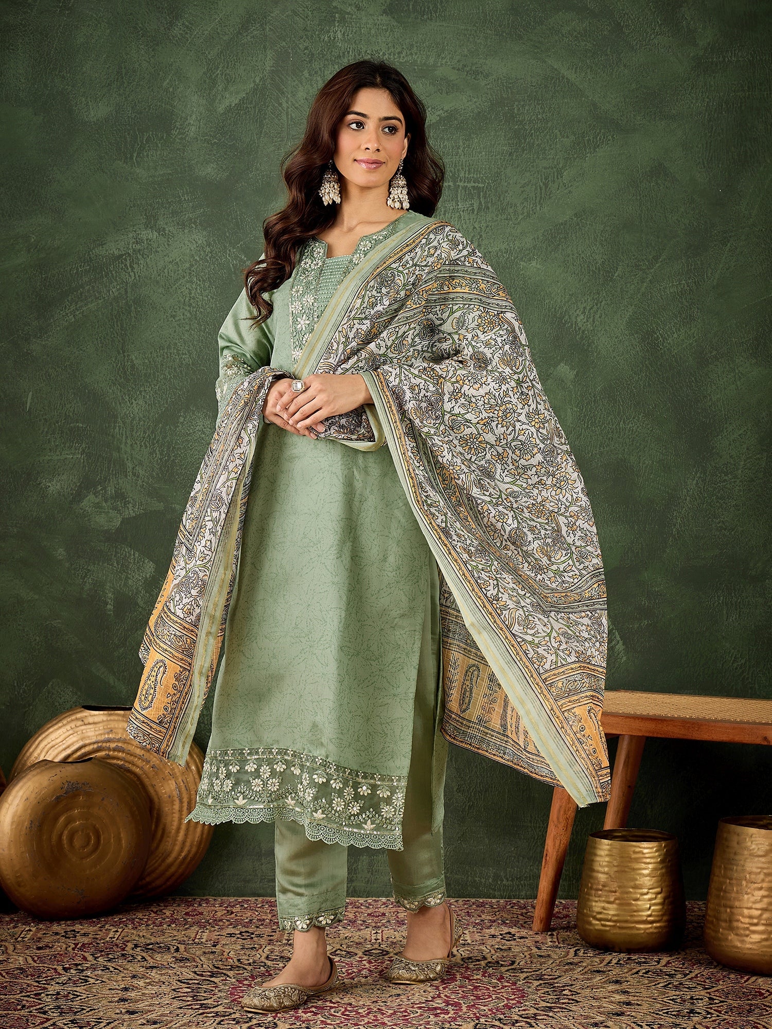 Malika Women Silk Blend Kurta Pant Dupatta Set - FitVibe Fashion