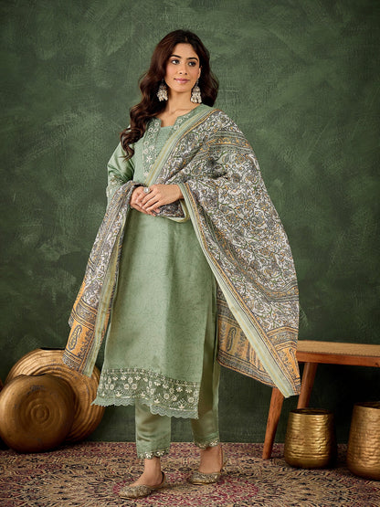 Malika Women Silk Blend Kurta Pant Dupatta Set - FitVibe Fashion