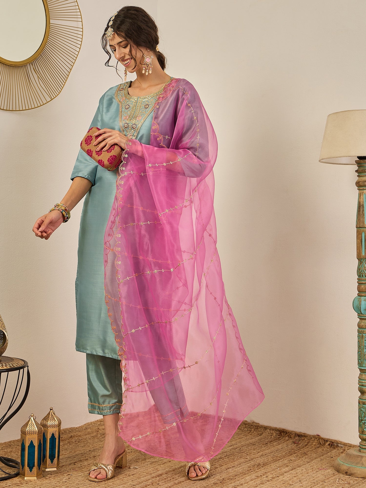 Zehra Womens Silk Blend Embroidered Kurta Pant Set with Dupatta Elegant Ready to Wear - FitVibe Fashion