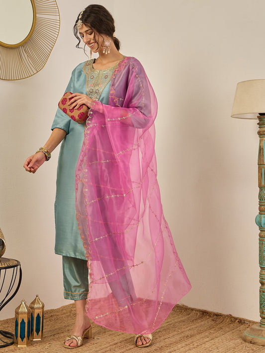 Zehra Womens Silk Blend Embroidered Kurta Pant Set with Dupatta Elegant Ready to Wear - FitVibe Fashion