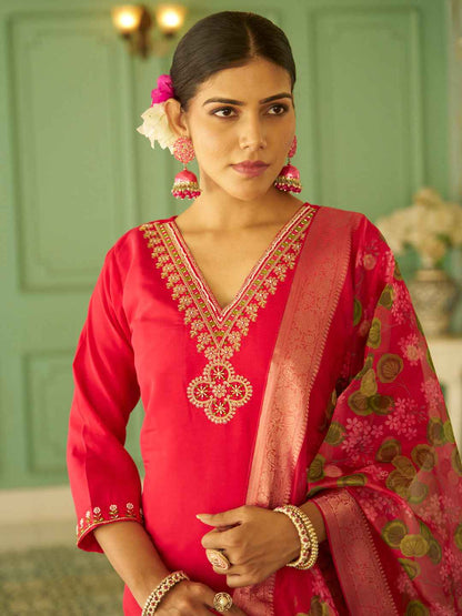 Aarohi Beads Embroidered Pink Women Kurta Sets With Dupatta Straight Suits