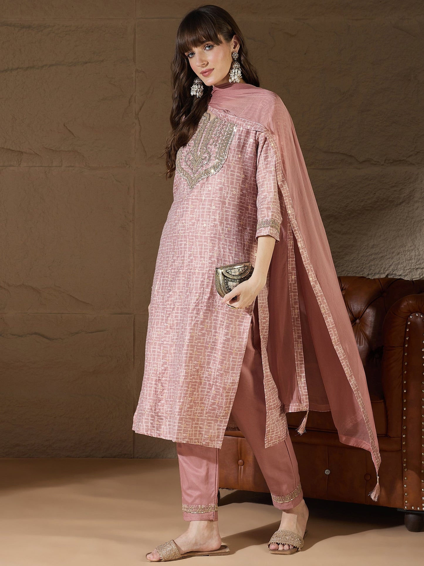 Kriti Women Kurta and Trouser Duppata Set With Embroidery Cotton Blend - FitVibe Fashion