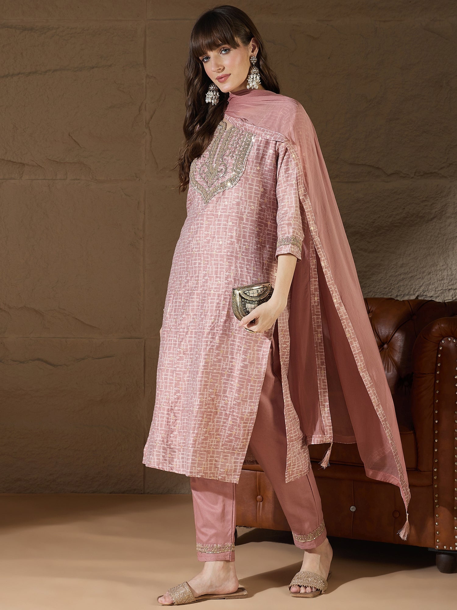 Kriti Women Kurta and Trouser Duppata Set With Embroidery Cotton Blend - FitVibe Fashion