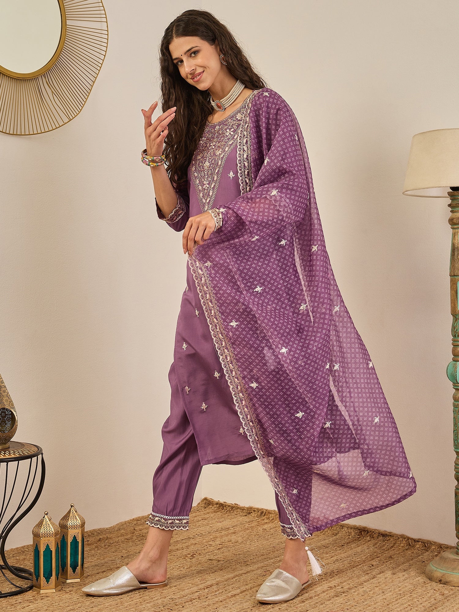 Rahi Mauve Embroidered Silk Blend Straight Suit With Orangza Dupatta Ready to Wear Ethnic Outfit - FitVibe Fashion