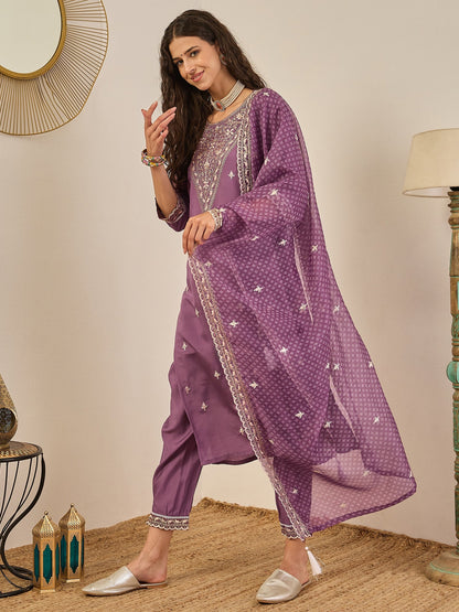 Rahi Mauve Embroidered Silk Blend Straight Suit With Orangza Dupatta Ready to Wear Ethnic Outfit - FitVibe Fashion