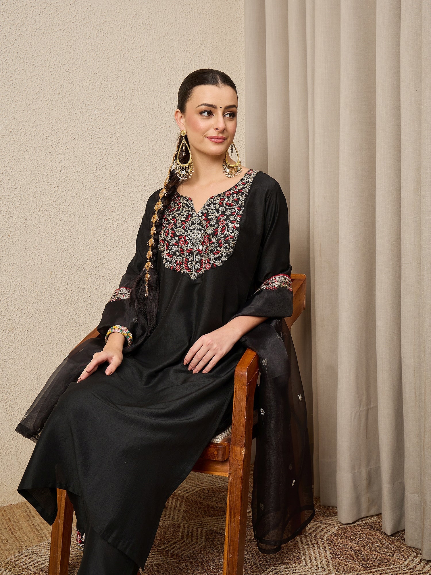 RangRiti Black Yoke Design Silk Blend Straight Suit With Dupatta - FitVibe Fashion
