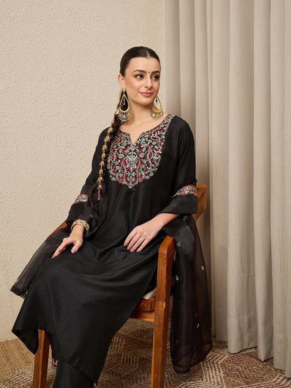 RangRiti Black Yoke Design Silk Blend Straight Suit With Dupatta - FitVibe Fashion