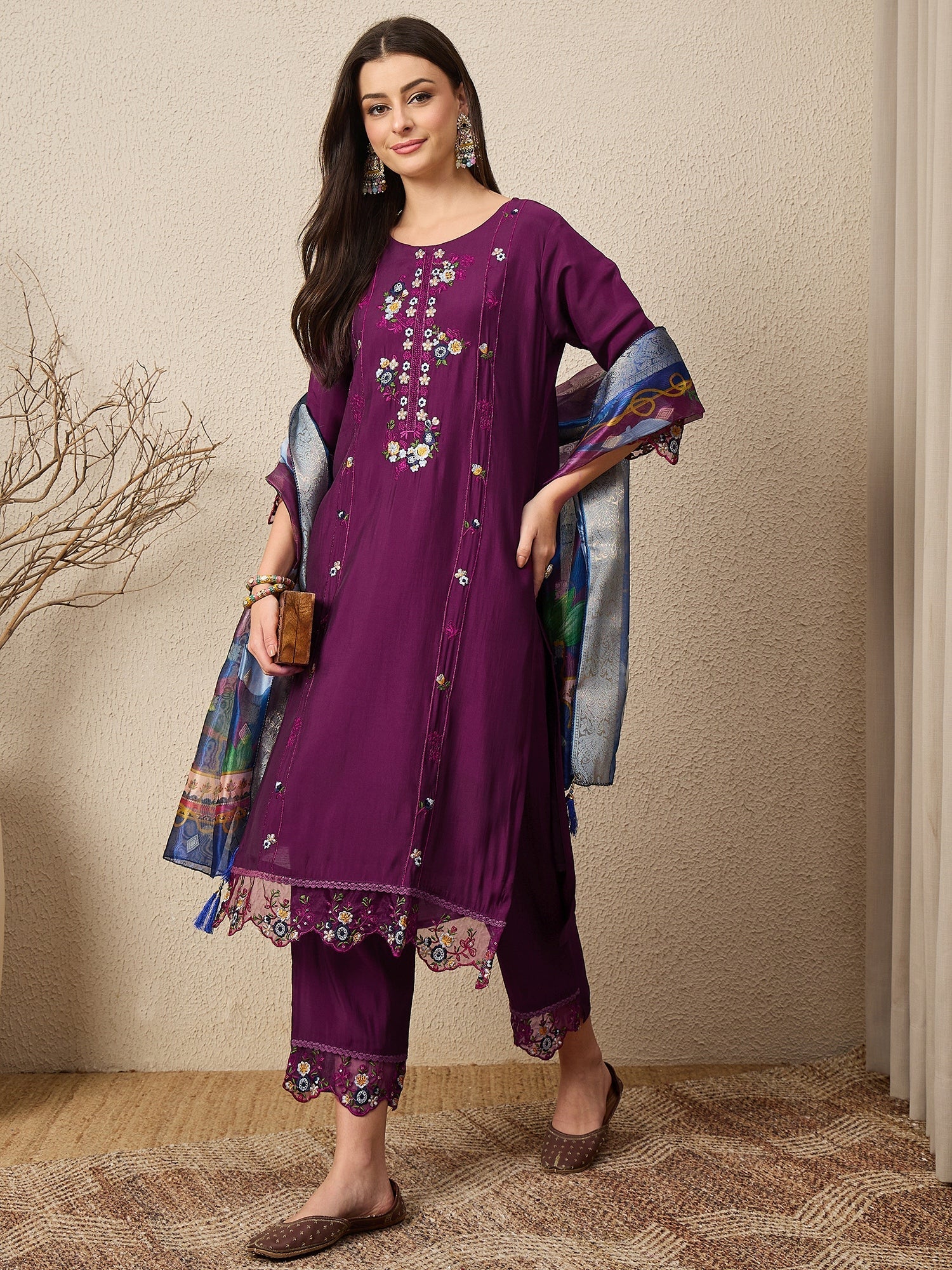 RajRani Purple Women Silk Blend Kurta and Trousers Pant Set - FitVibe Fashion