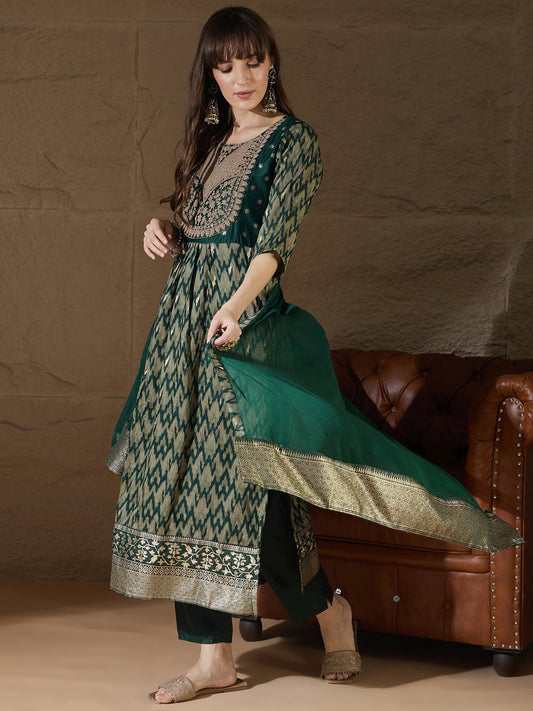 Saumya Green Cotton Silk Embellished Flared Suit Set - FitVibe Fashion