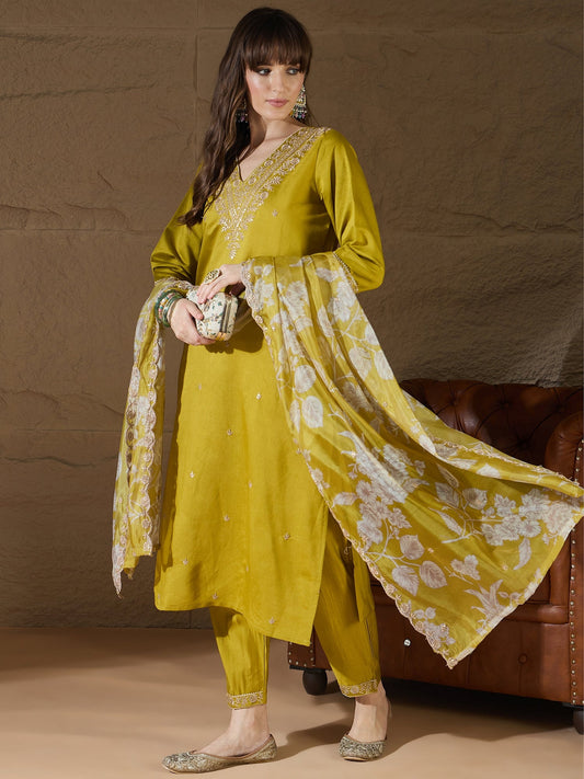 Chitra Charm Lemon Yoke Design Silk Blend Straight Suit With Dupatta - FitVibe Fashion