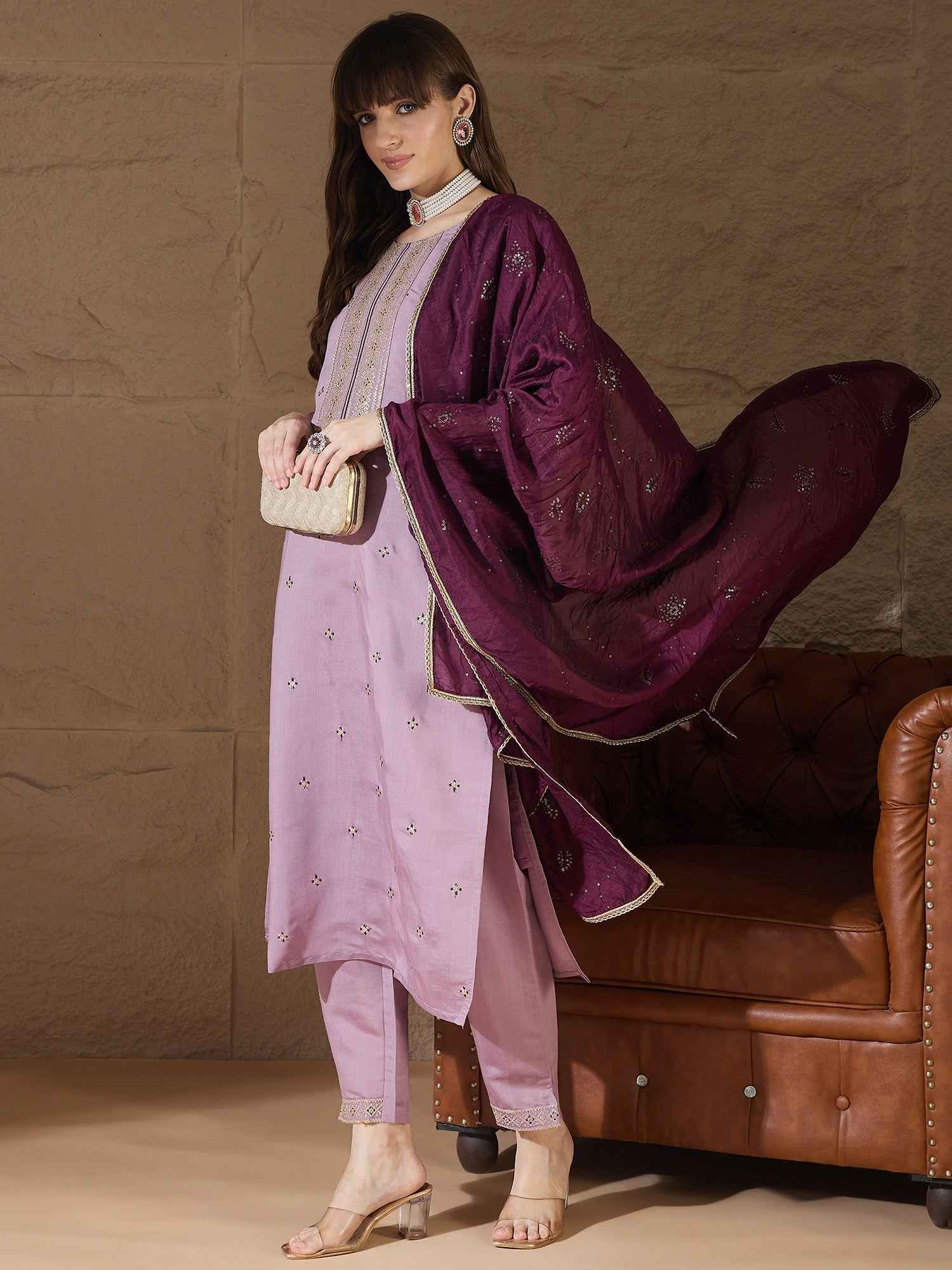 Aarohi lavender Women Kurta and Pant Sets Silk Blend Fabric