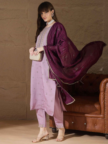 Aarohi lavender Women Kurta and Pant Sets Silk Blend Fabric