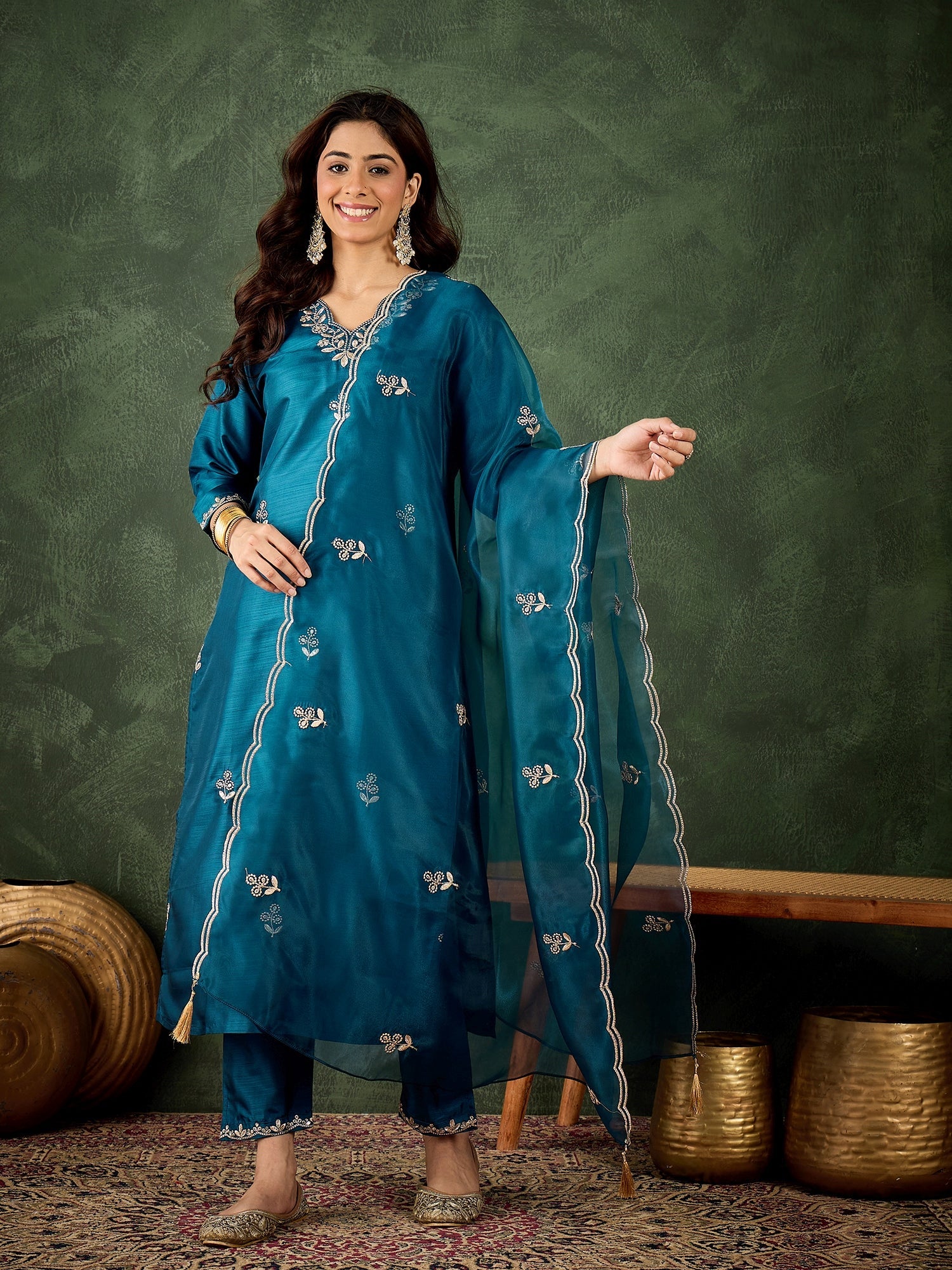 Riwaayat Women Kurta and Pant Dupatta Sets Silk Blend Fabrics with Embroidery - FitVibe Fashion