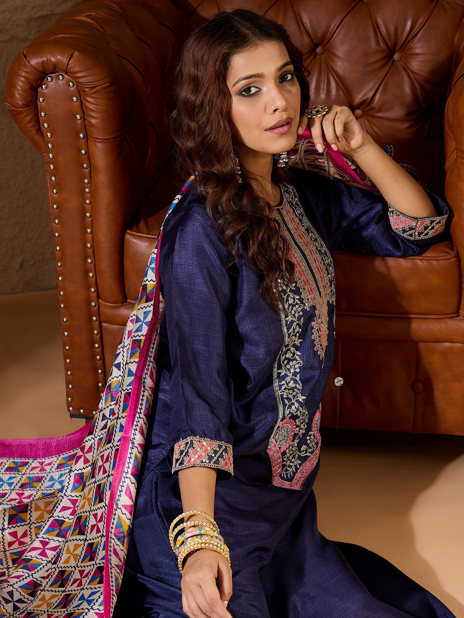 Devira Embroidered Silk Blend Calf Length Straight Kurta Trouser with Dupatta Set - FitVibe Fashion