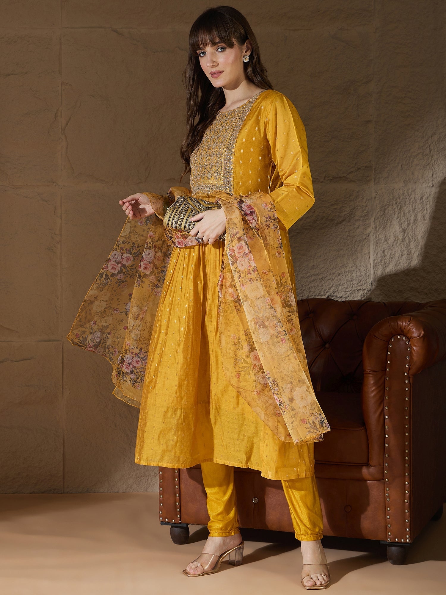 Neelangi yellow Women Kurta and Leggings Duppata Set Chanderi Modal Butti - FitVibe Fashion