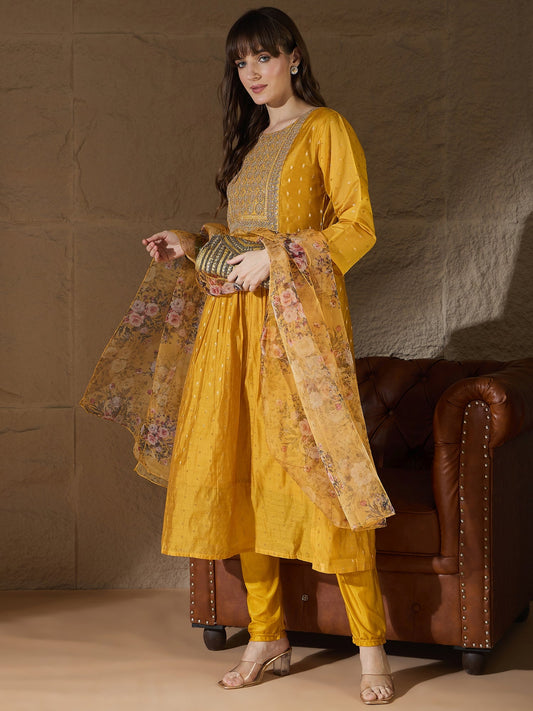 Neelangi yellow Women Kurta and Leggings Duppata Set Chanderi Modal Butti - FitVibe Fashion