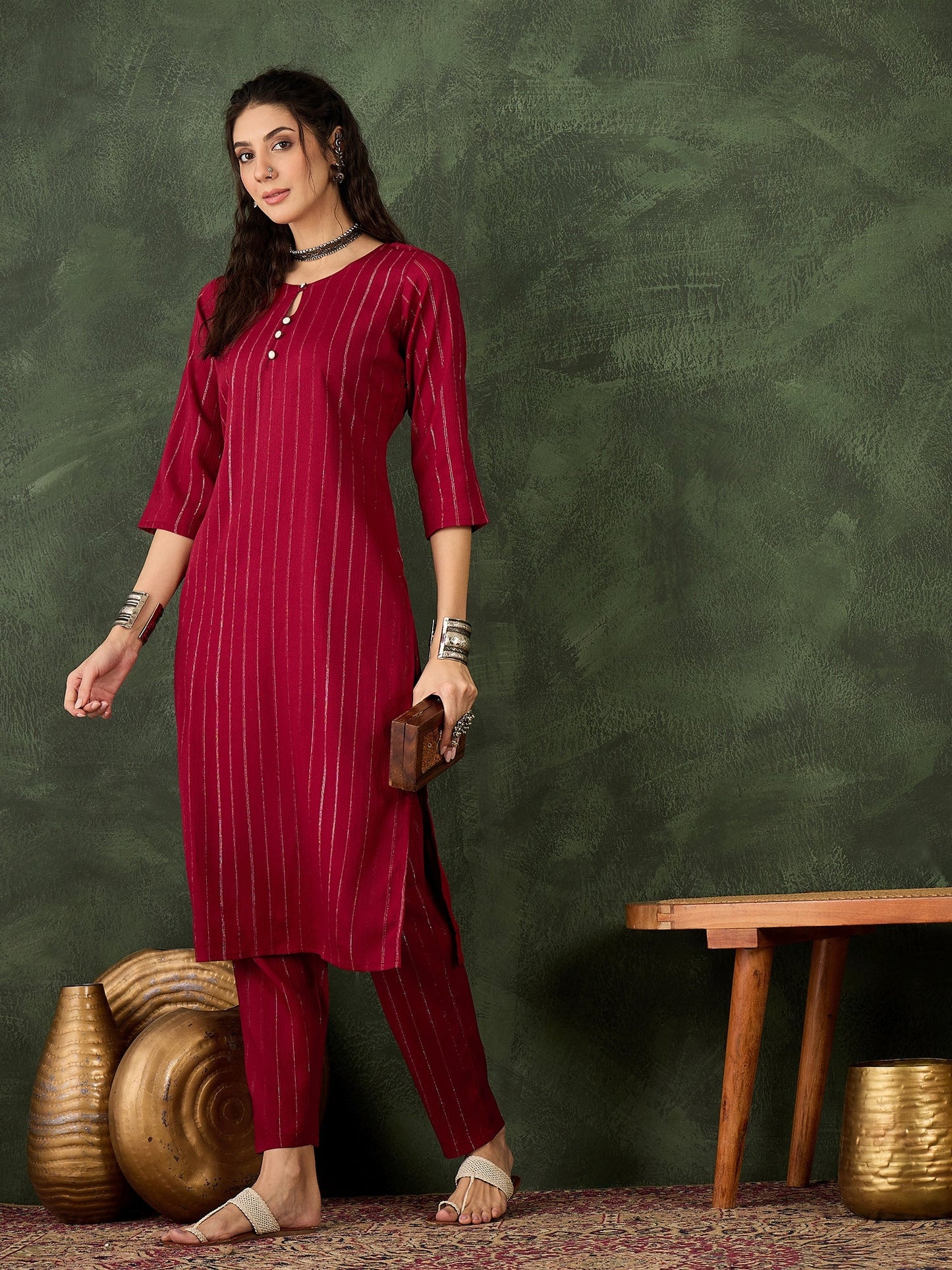 Samara Women's Office, Festive Wear Maroon Straight Kurta & Pant, Co-ord Set - FitVibe Fashion