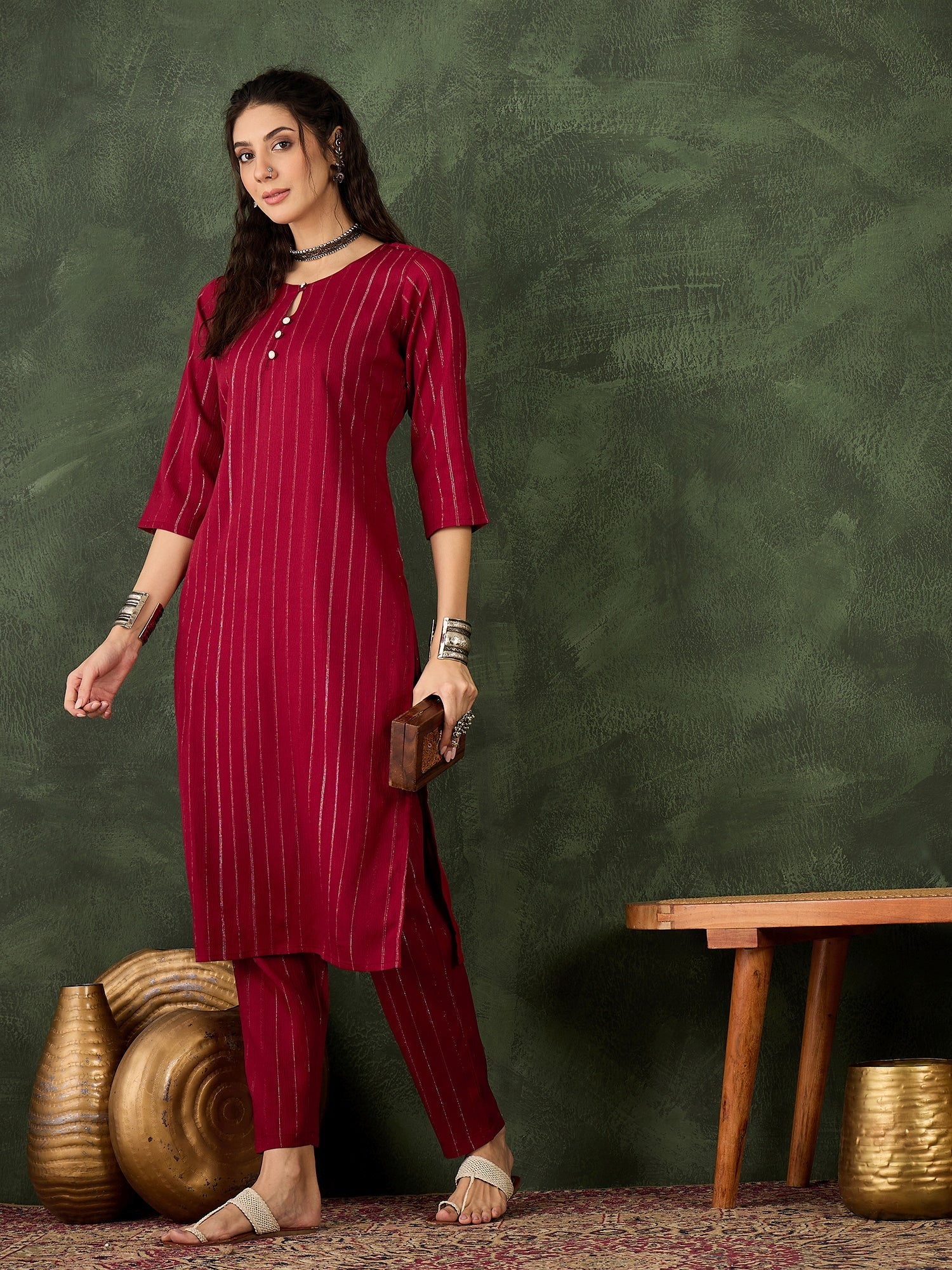Samara Women's Office, Festive Wear Maroon Straight Kurta & Pant, Co-ord Set - FitVibe Fashion