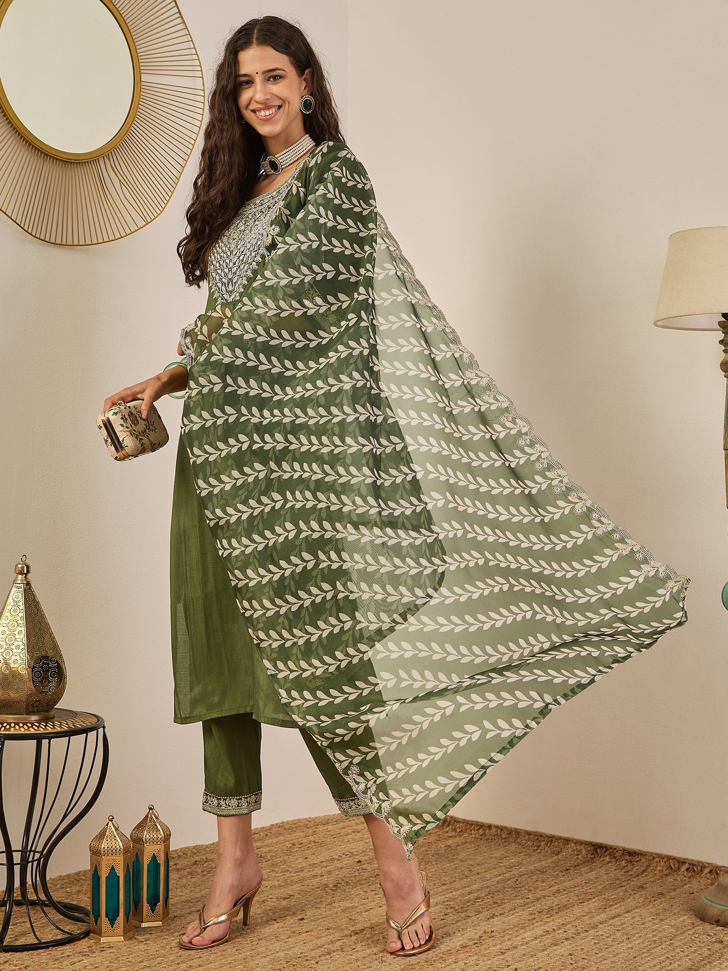 Zehra Women's Embroidered Silk Blend Calf Length Straight Kurta Trouser with Dupatta Set - FitVibe Fashion