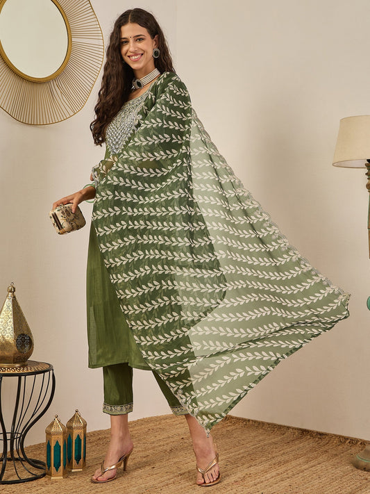 Zehra Women's Embroidered Silk Blend Calf Length Straight Kurta Trouser with Dupatta Set - FitVibe Fashion