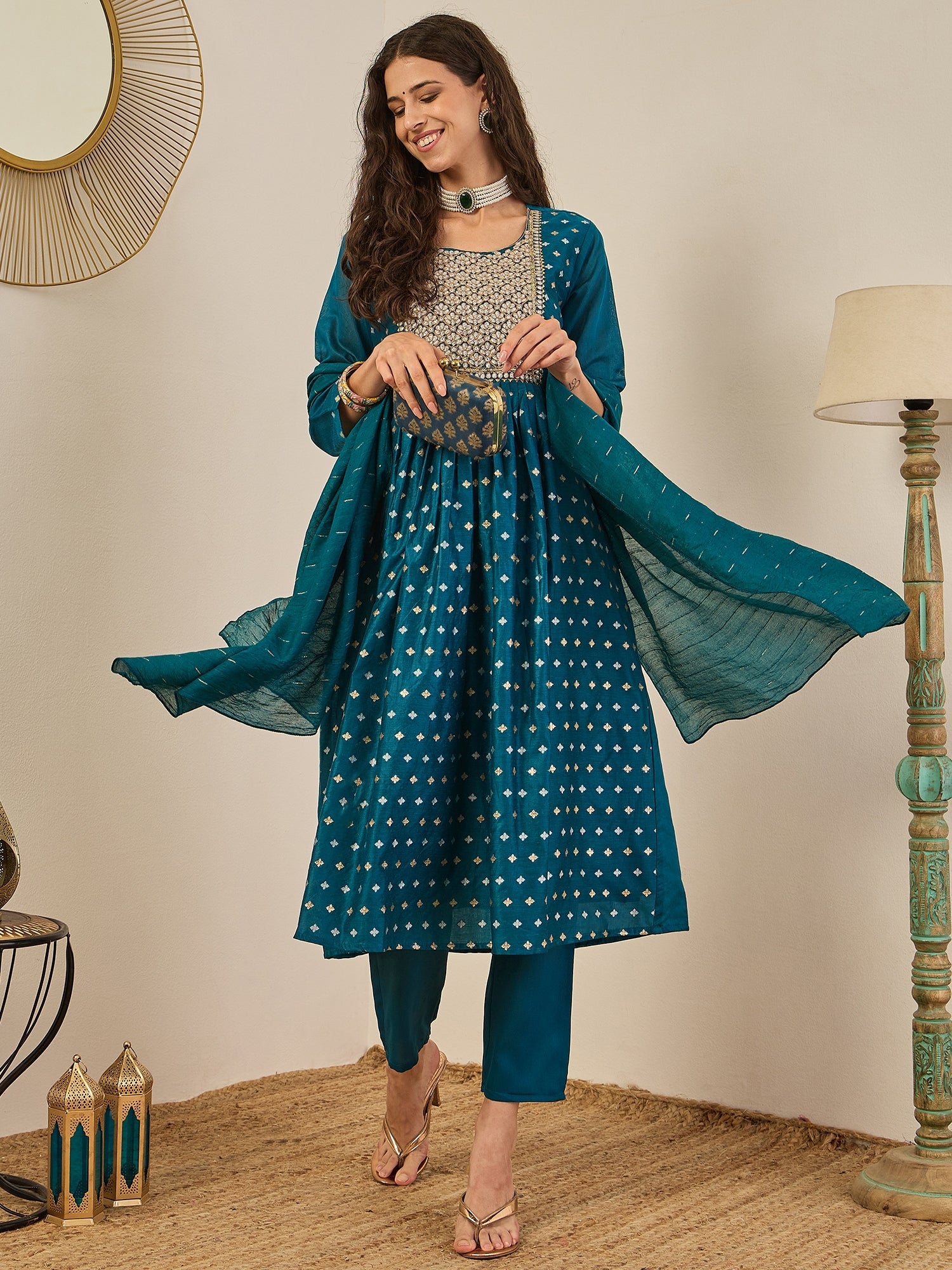 Phool Embroidered Chanderi Teal Suit Set with Dupatta Ethnic Sets - FitVibe Fashion