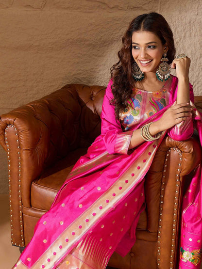 Aanira Pink Cotton Silk Jacquard Kurta Pant With Banarasi Silk dupatta