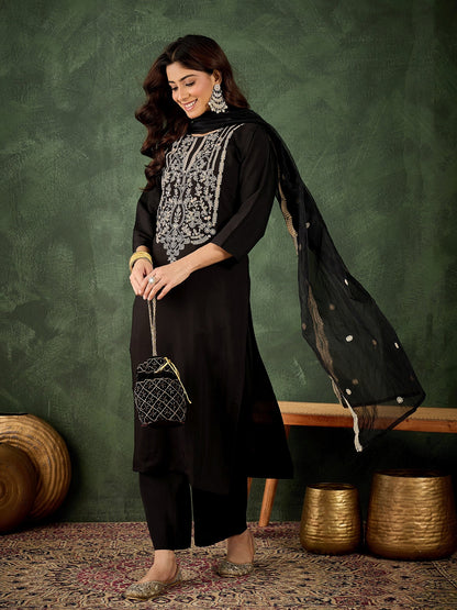 Zarika Women's Embroidered Silk Blend Calf Length Straight Kurta with Palazzo & Dupatta Set - FitVibe Fashion