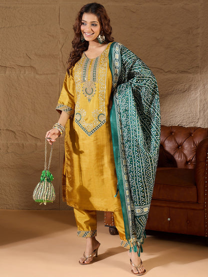 Devira Embroidered Silk Blend Calf Length Straight Kurta Trouser with Dupatta Set - FitVibe Fashion