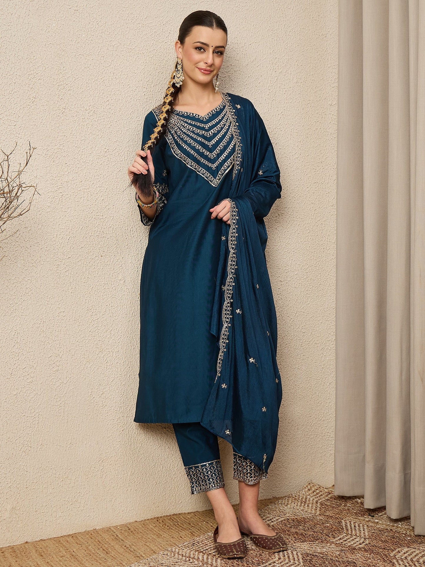 Kamya Teal Ethnic Motifs Embroidered Straight Kurta with Trousers & Dupatta - FitVibe Fashion