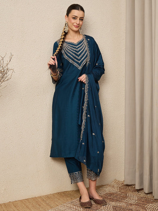 Kamya Teal Ethnic Motifs Embroidered Straight Kurta with Trousers & Dupatta - FitVibe Fashion