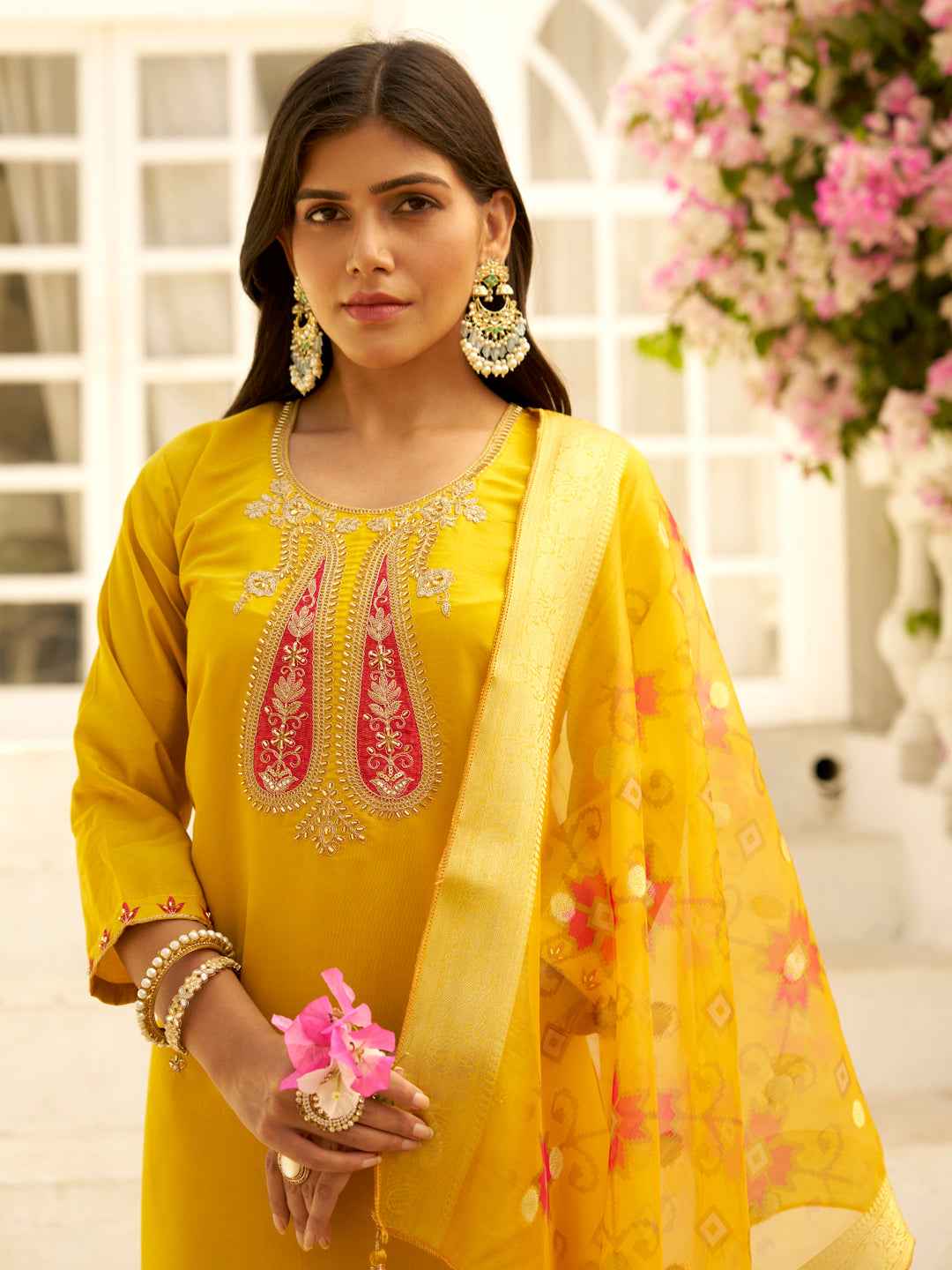 Aarohi Beads Embroidered Yellow Women Kurta Sets With Dupatta Straight Suits