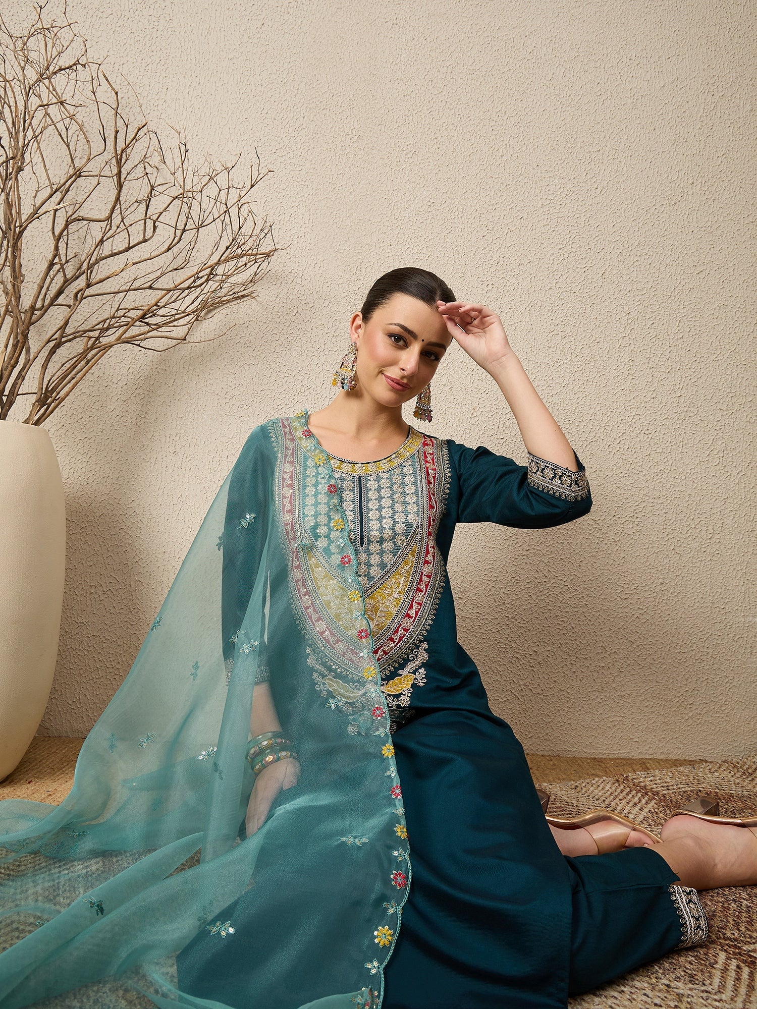 Tanirika Women's Embroidered Viscose Rayon Calf Length Straight Kurta Trouser with Dupatta Set - FitVibe Fashion