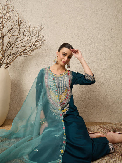 Tanirika Women's Embroidered Viscose Rayon Calf Length Straight Kurta Trouser with Dupatta Set - FitVibe Fashion