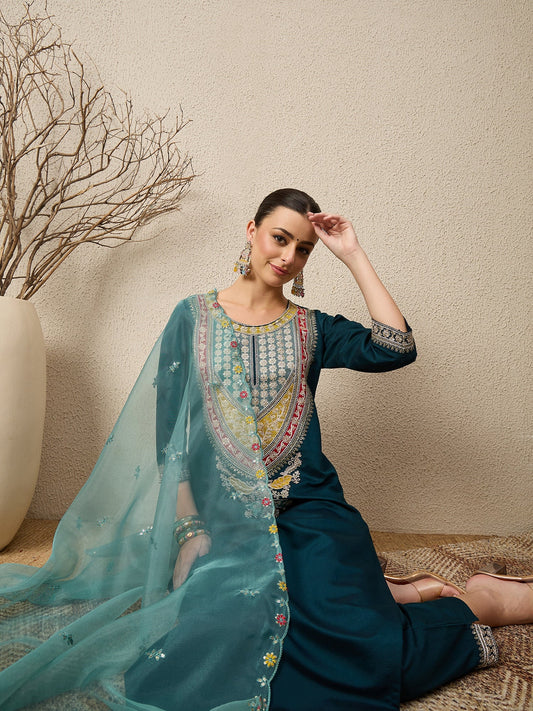 Tanirika Women's Embroidered Viscose Rayon Calf Length Straight Kurta Trouser with Dupatta Set - FitVibe Fashion