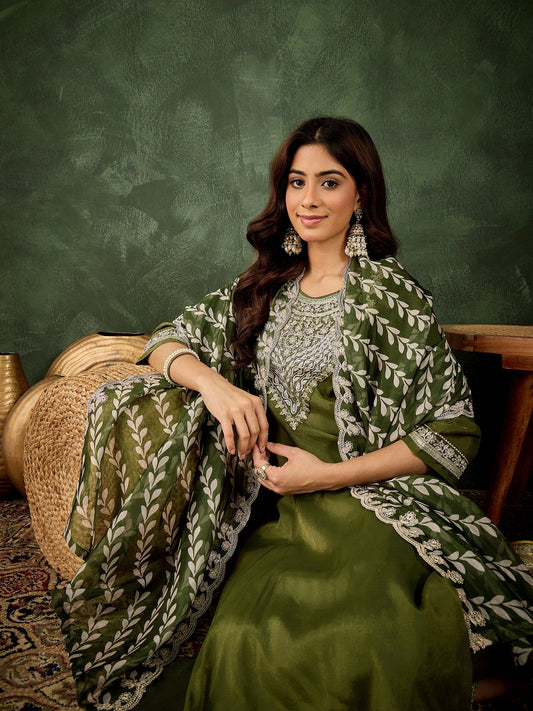 Vastrika Women's Embroidered Silk Blend Calf Length Straight Kurta Trouser with Dupatta Set - FitVibe Fashion