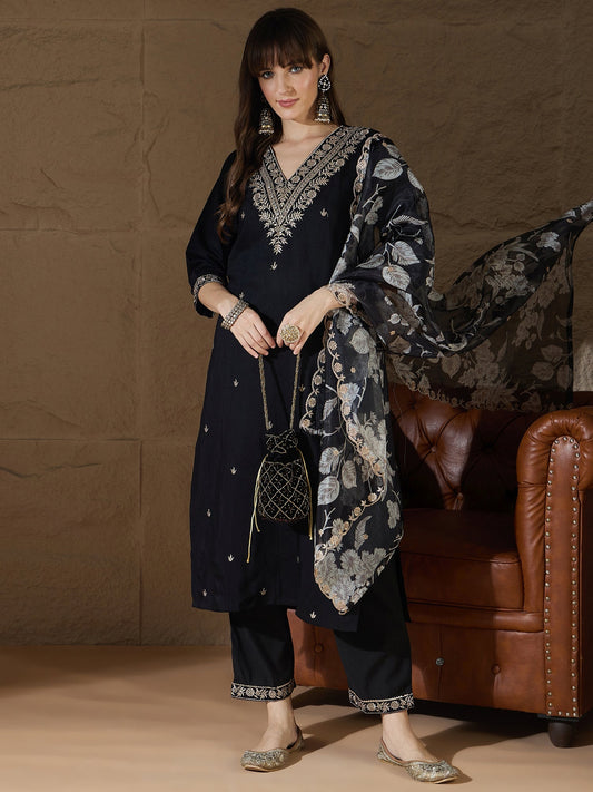 Chitra Charm black Yoke Design Silk Blend Straight Suit With Dupatta - FitVibe Fashion