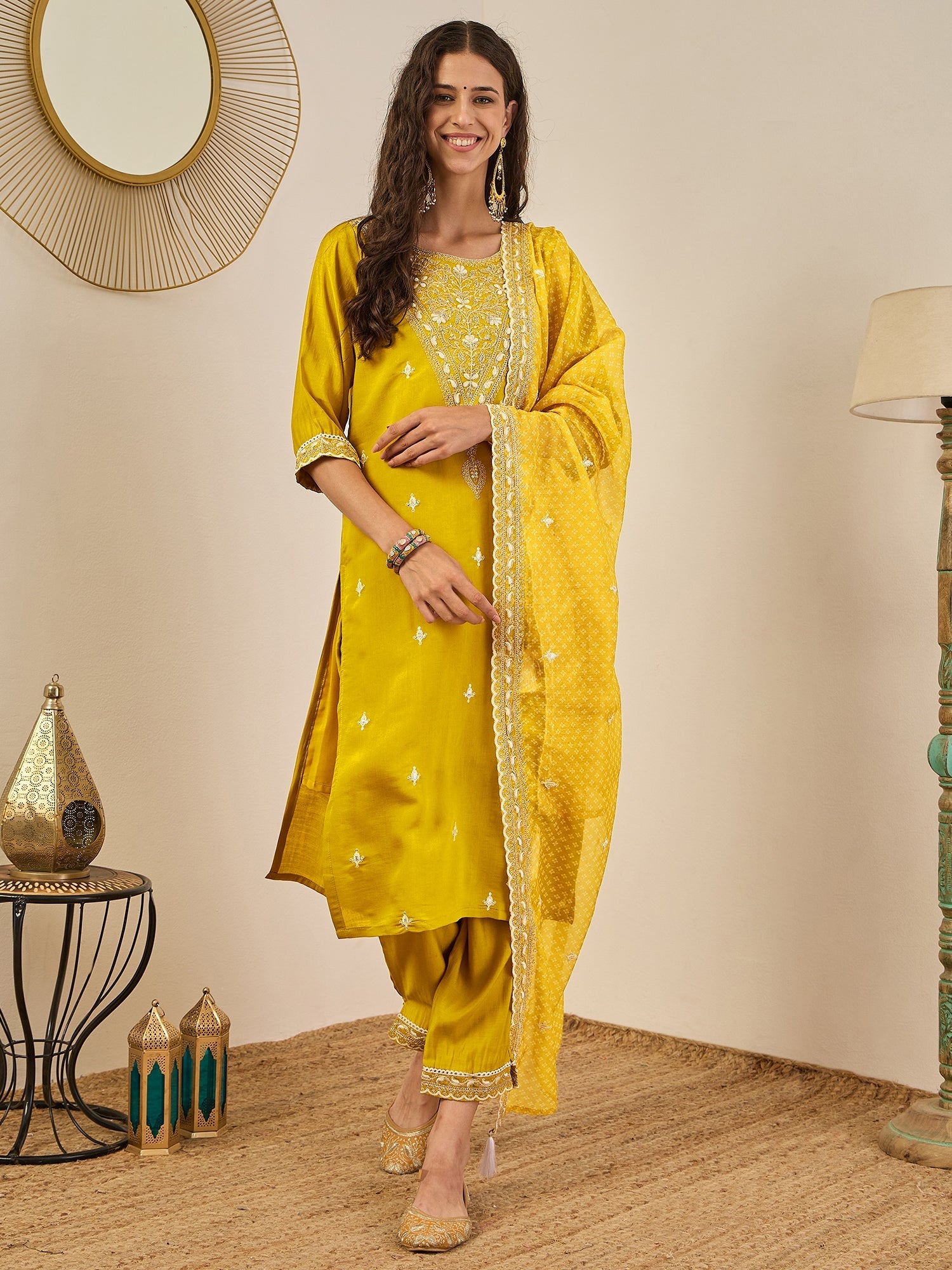 Roobee Lemon Embroidered Silk Blend Straight Suit With Dupatta - FitVibe Fashion