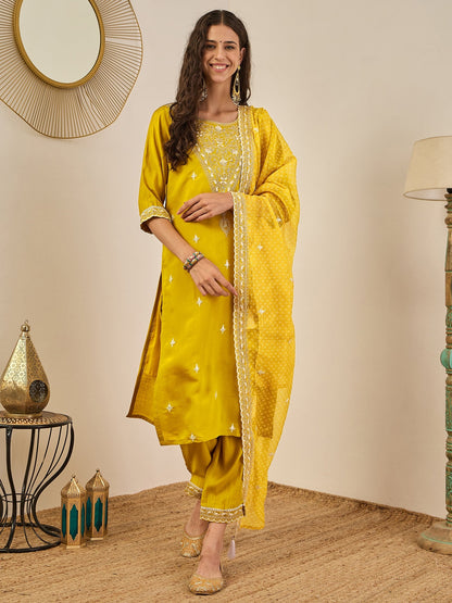 Roobee Lemon Embroidered Silk Blend Straight Suit With Dupatta - FitVibe Fashion