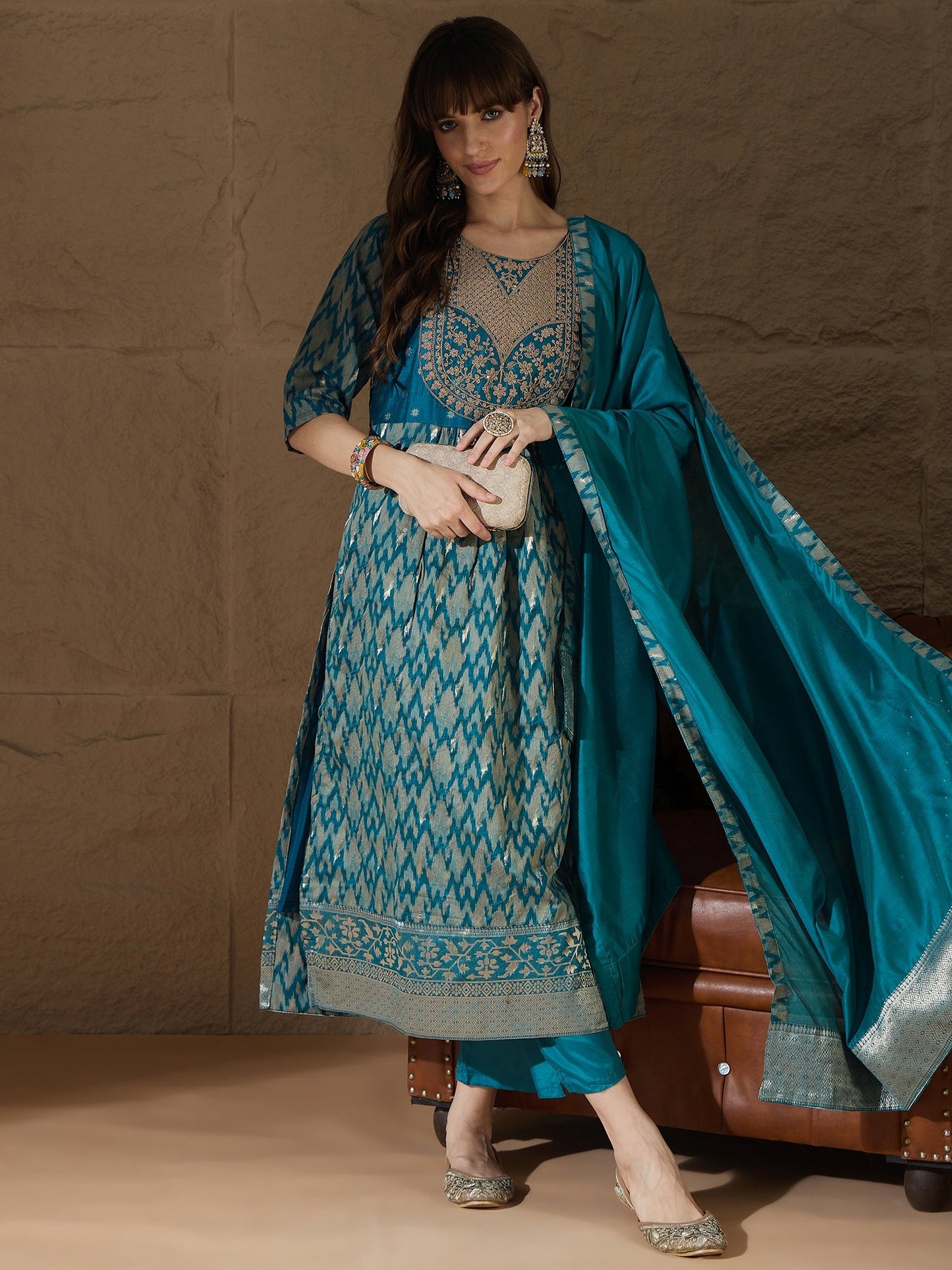 Saiyaara Teal Blue Cotton Silk Embellished Flared Suit Set - FitVibe Fashion