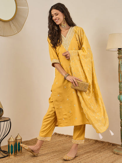 Kajal Elegant Silk Blend Kurta Set with Chanderi Dupatta Ready to Wear Embroidered Party Wear Outfit - FitVibe Fashion