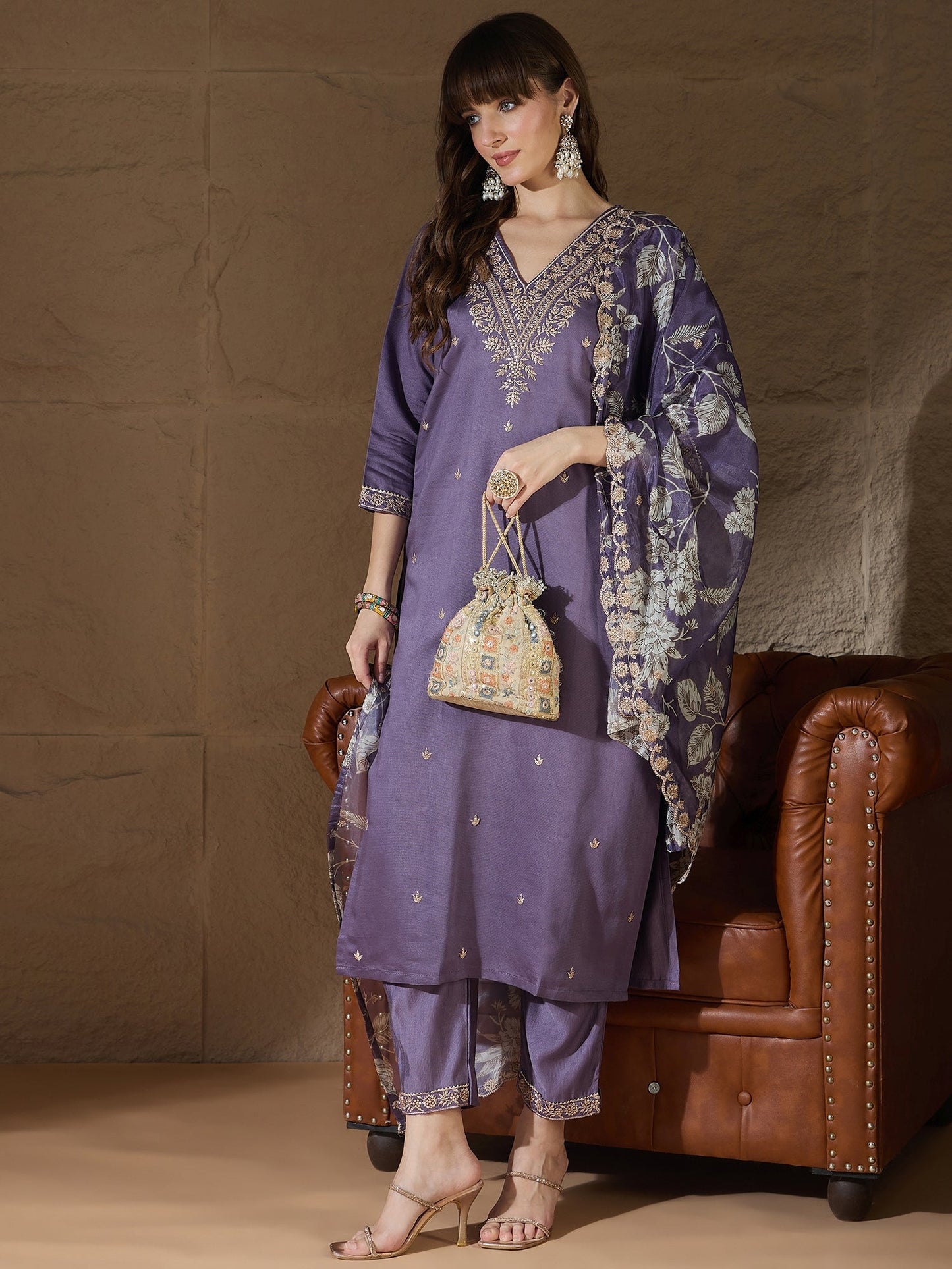 Chitra Charm Lavender Yoke Design Silk Blend Straight Suit With Dupatta - FitVibe Fashion