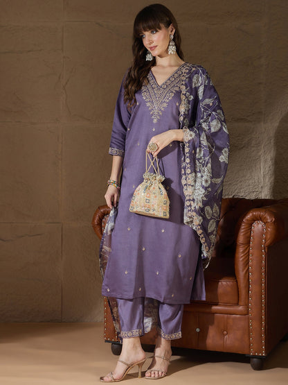 Chitra Charm Lavender Yoke Design Silk Blend Straight Suit With Dupatta - FitVibe Fashion