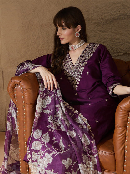 Chitra Charm Purple Yoke Design Silk Blend Straight Suit With Dupatta - FitVibe Fashion