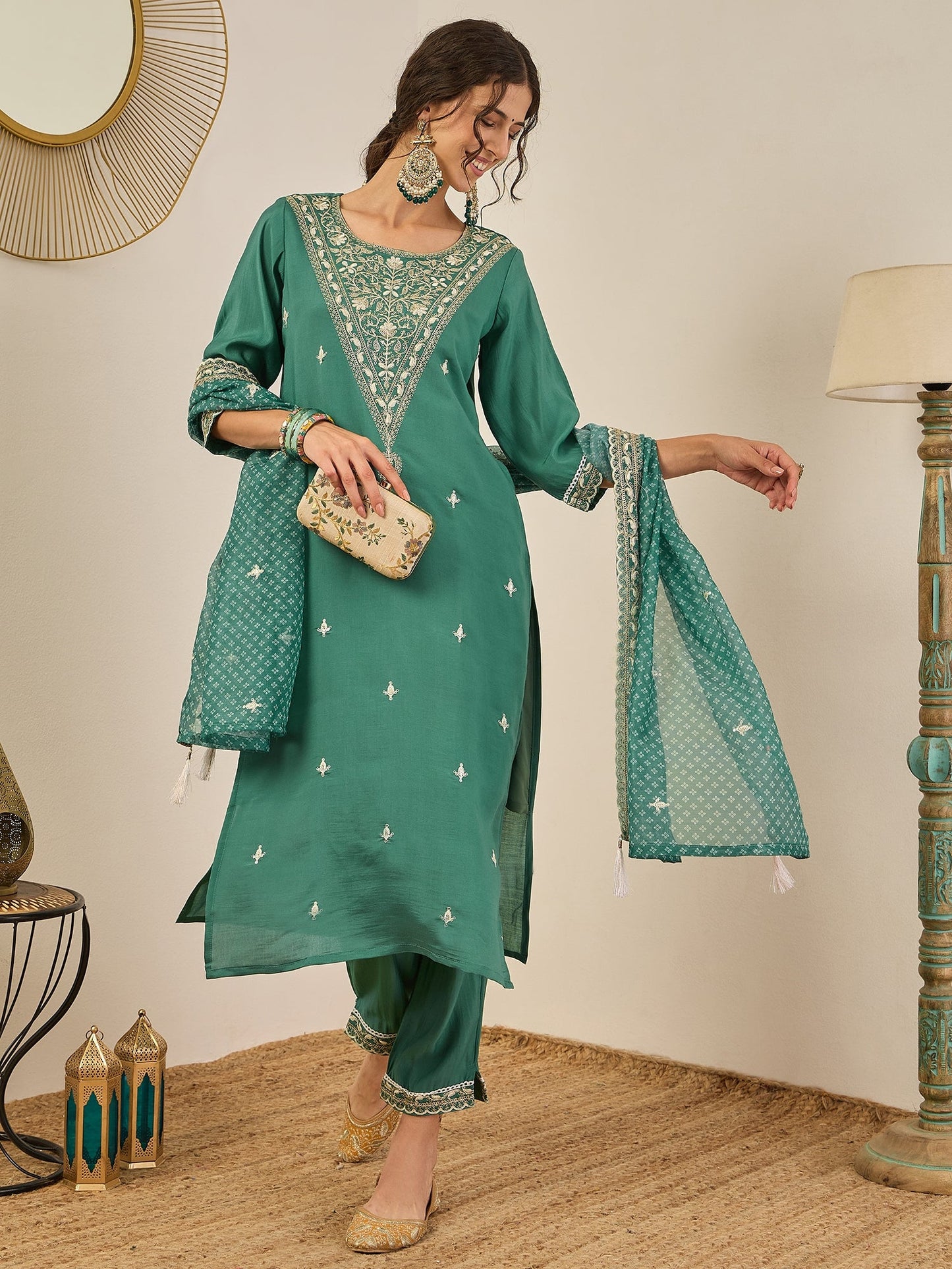 Ojaswi Teal Embroidered Silk Blend Straight Suit With Dupatta - FitVibe Fashion